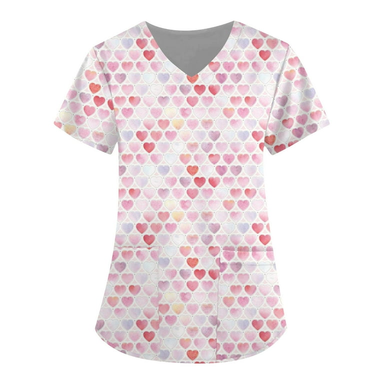 Valentine s Day Scrubs Tops for Women Plus Size Short Sleeve V