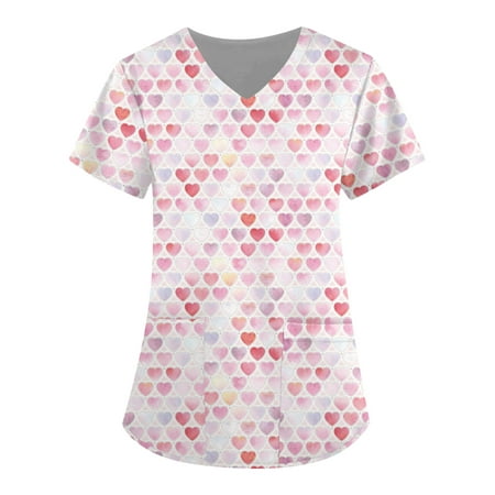 

XHJUN Scrub Tops Women Healing Hands Couple Happy Valentines Day Nurse Shirt Couple V Neck Short Sleeve Workwear Cute Print Watermelon Red XXL