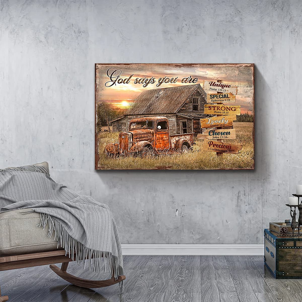 Farmhouse Barn Canvas Wall Art Rusty Red Trucks Vintage Pictures Wall Decor  Bible Verse God Says Wall Art Country Sunset View Painting for Bedroom  Bathroom Living Room Prints Framed 12