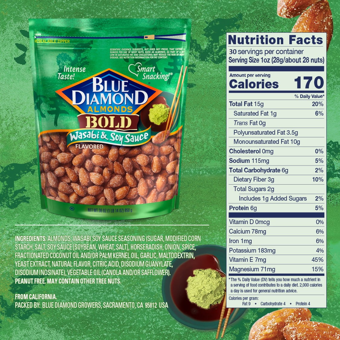 Blue Diamond Wasabi Soy Sauce Almonds 30 Oz Bag Walmart Com Walmart Com