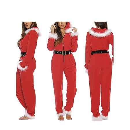 

GuliriFei Women Christmas Plush Jumpsuit Santa Pajamas with Belt