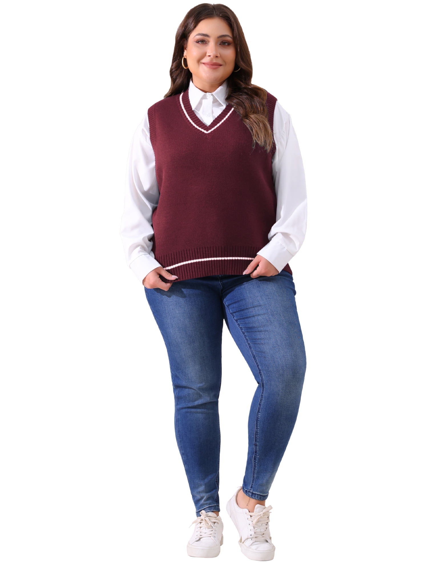 DARING DIVA Women's Plus V Neck Stripe Cable Knit Pullover Sweater Vest 2X Burgundy