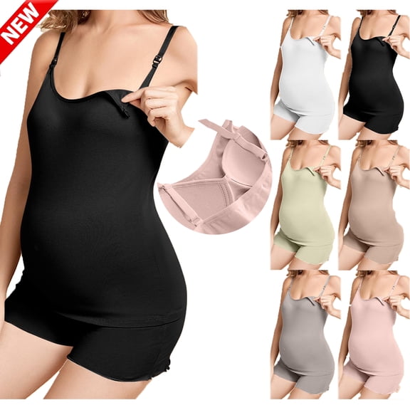 Tqyyweavej Maternity Nursing Pajamas Set Oversize Breastfeeding Postpartum Spaghetti Strap Tops and Scalloped Solid Color Shorts with Built-in Bra Pads