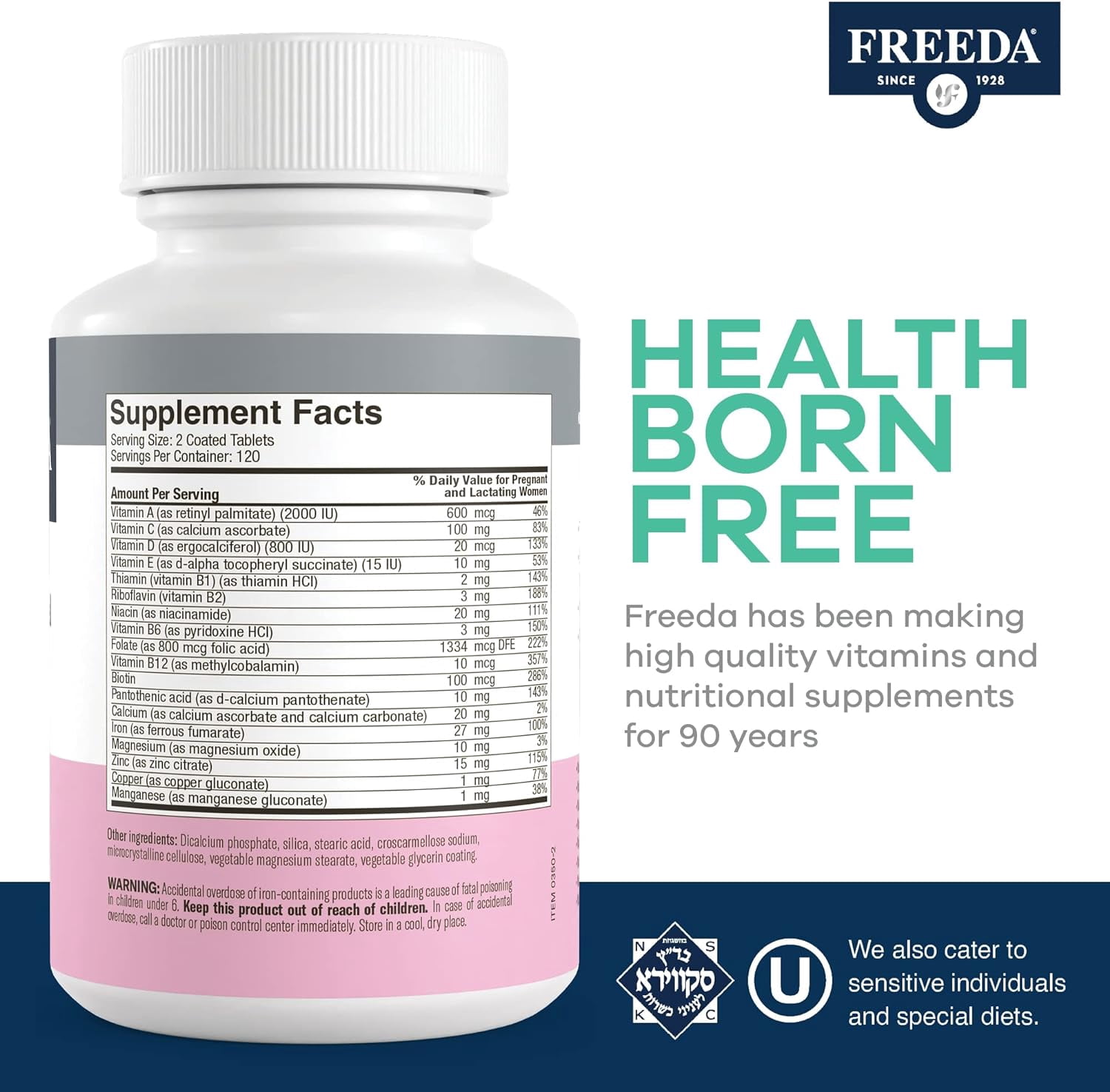 Freeda Mini Prenatal Vitamin Tablets with Iron, Folic Acid, and Vitamin D, 240 Count