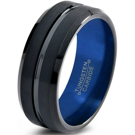 Tungsten Wedding Band Ring 10mm for Men Women Black Blue Beveled Edge Brushed Lifetime Guarantee