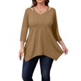 thumbnail image 3 of WTOBBY Women's Plus Size Solid Color Tunic Hollow V-Neck 3/4 Sleeve Shirt Casual Elegant Top with Flattering Loose Fit,Brown 2XL, 3 of 3