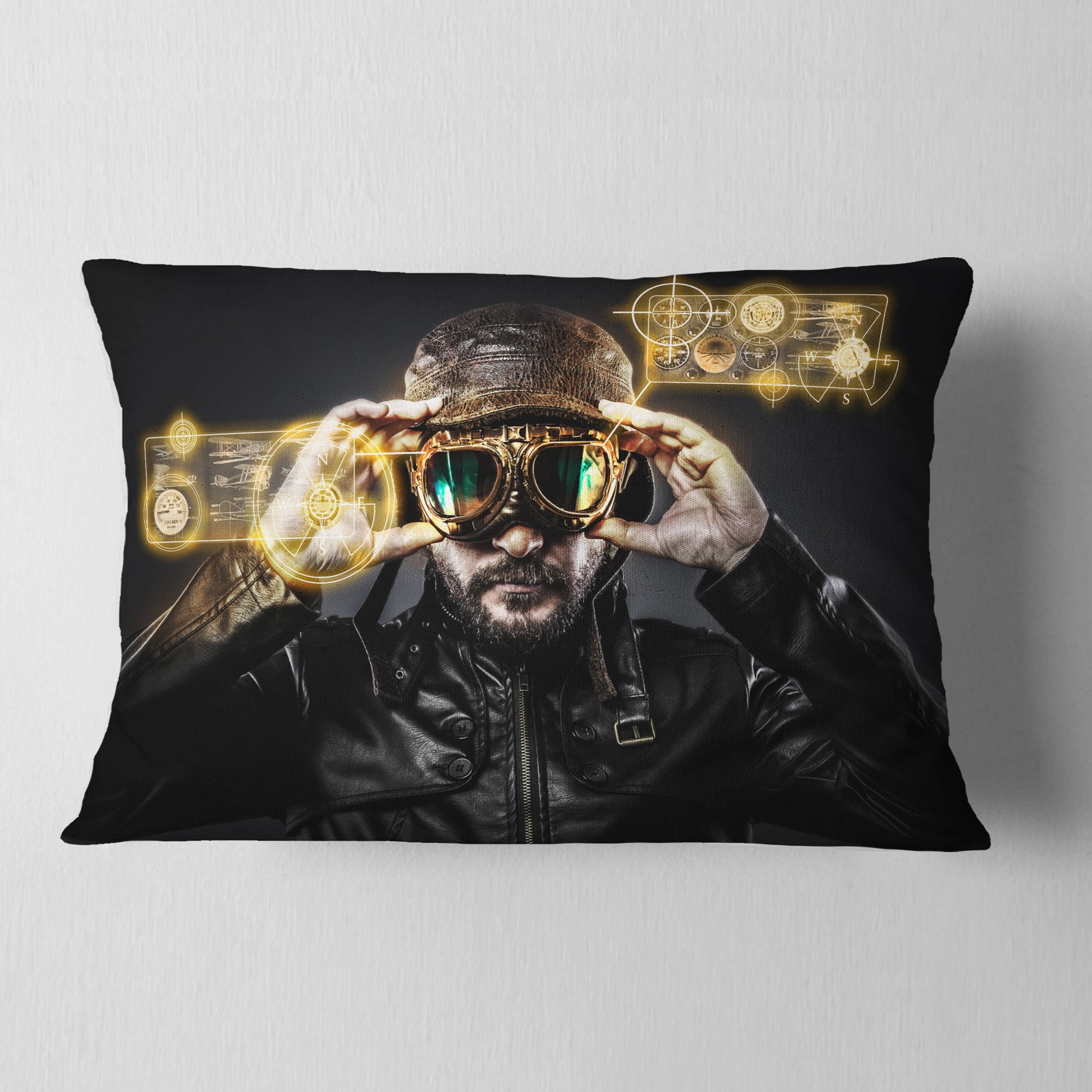 Designart Fighter Pilot with Hat and Glasses - Abstract Portrait Throw Pillow - 12x20