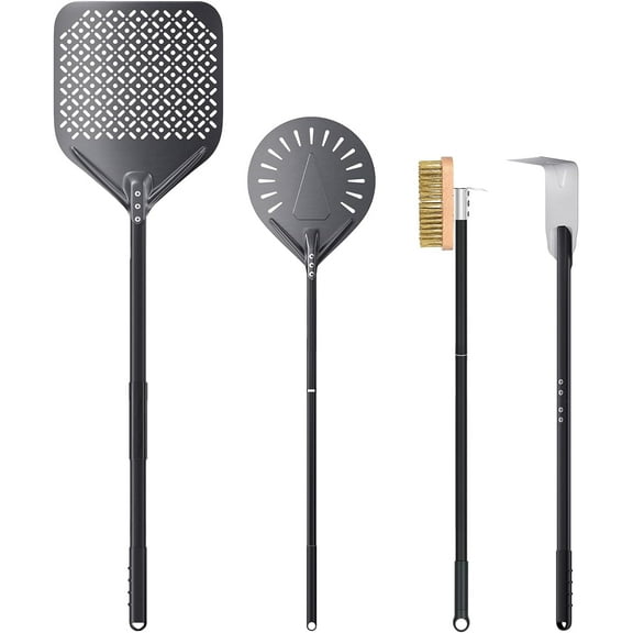 4 Piece Pizza Oven Kit 9 Inch Turning Peel Perforated Pizza Peel and Oven Brush Ash Rake Wood Burning Commercial Oven Accessoires for Home Restaurant