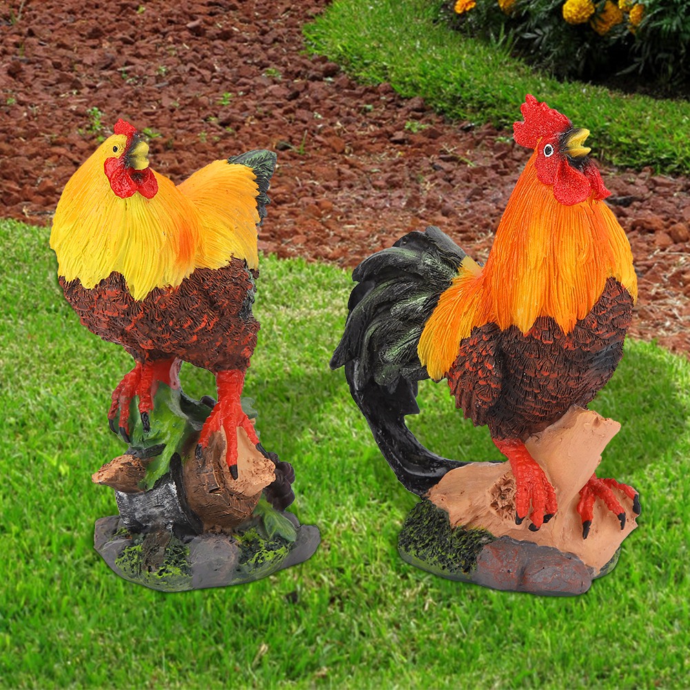 Simulation Chicken 2Pcs Resin Cock Hen Decoration Chicken Ornament