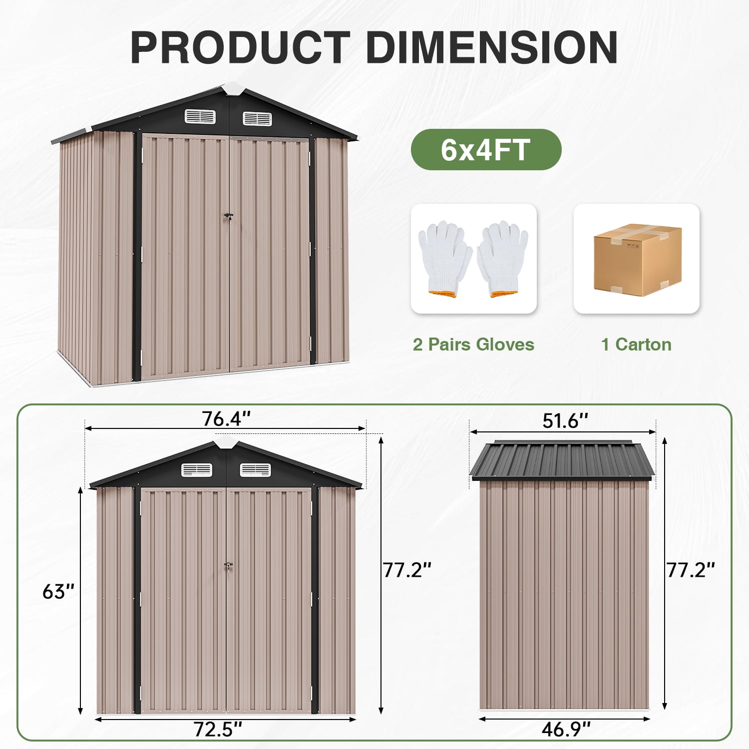 JolyDal 6 x 4 Ft Outdoor Storage Shed with Plastic Floor, Metal Tool Shed with Door and Lock, Brown
