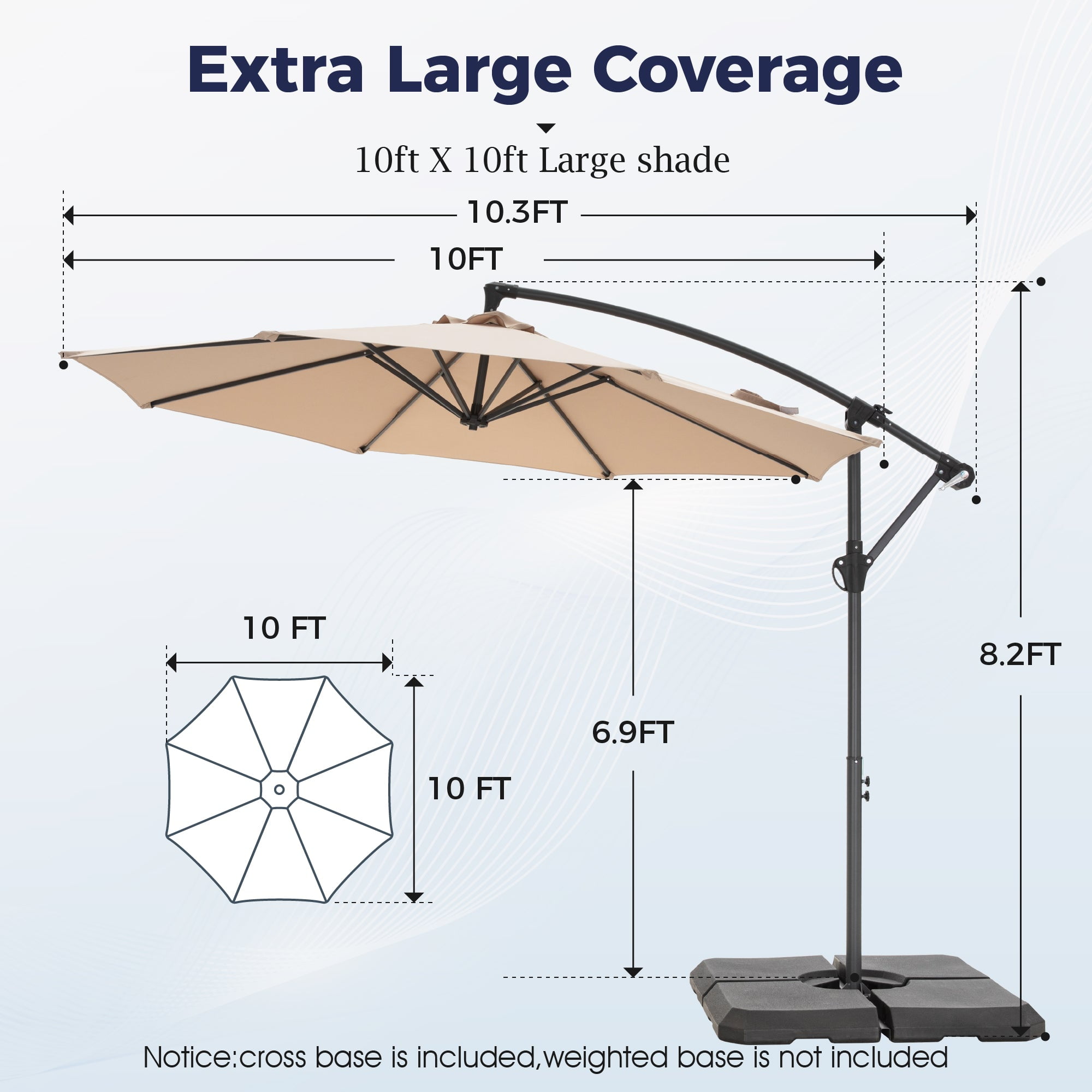 Alpha Joy 10ft Outdoor Patio Offset Market Hanging Umbrella with 8 Steel Ribs & Cross Base(No Weight), Beige