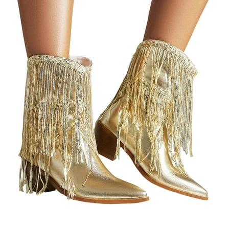 

Womens Mid Calf Boots Fashion Leather Fringe Booties Retro Pointed Toe Square Heel Slip On Booties Mid Calf Boots for Women