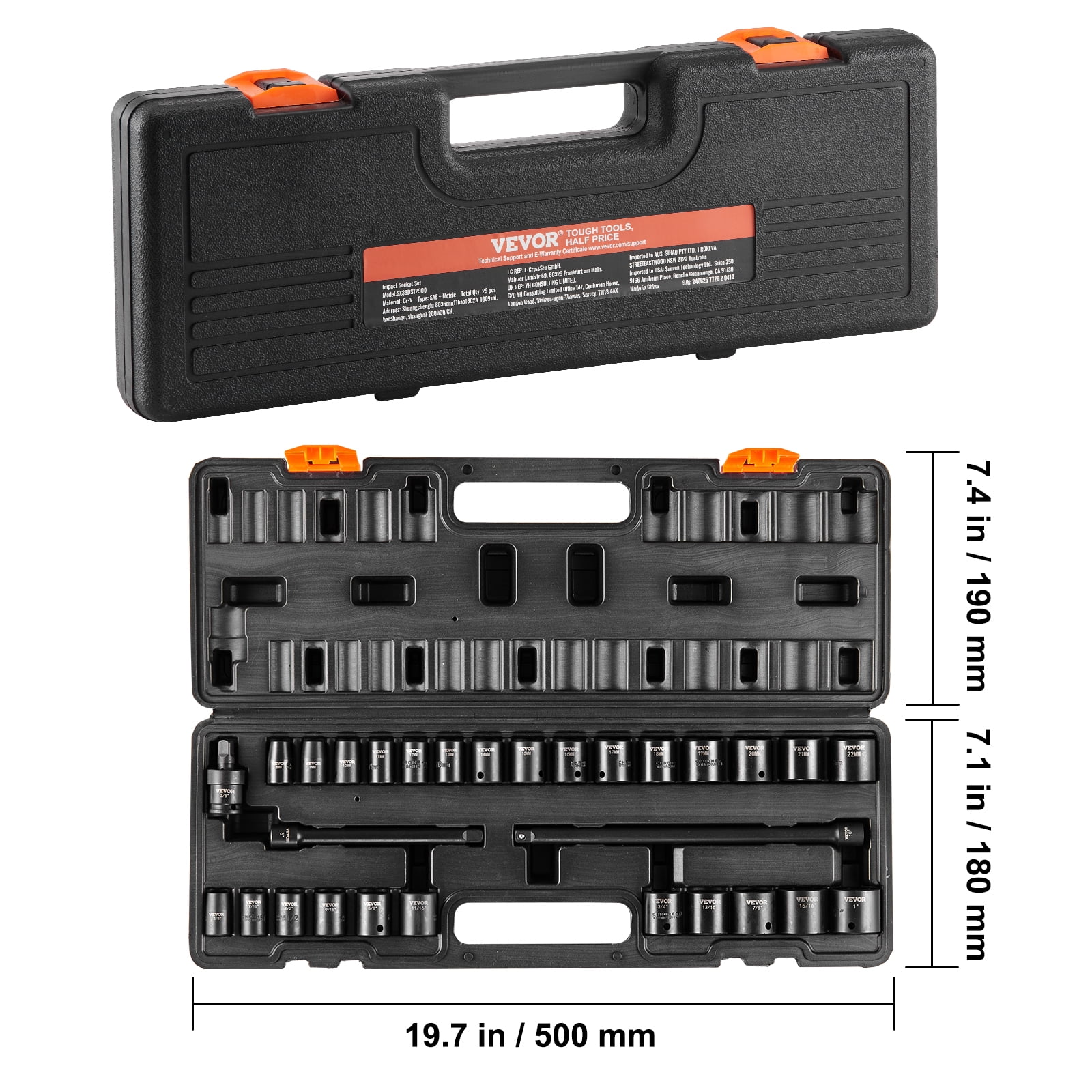 VEVOR 3/8" Drive Socket Set, 29 Pc, SAE 3/8"-1" & Metric 8-22mm, 6 Pt, CR-V Steel, for Vehicle Maintenance, Clear Markings, Durable Build, Includes Case