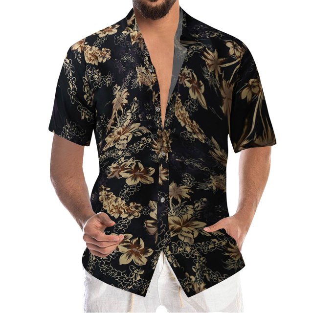 Camisas Deportivas Hombre Top de camisa de manga corta con solapa y hebilla de impresión digital 3D de y ocio para hombre (Black, L)