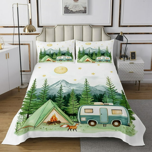 Erosebridal Happy Camping Quilt Sets for Queen Size Bed, RV Camper Bed Set, Cartoon Camp Decor, 3 Pieces