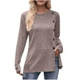 thumbnail image 1 of Pisexur Womens Casual Asymmetrical Sweater Solid Color Long Sleeve Ribbed Knit Sweater Crew Neck Button Front Pullover, 1 of 3