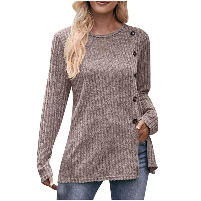Pisexur Womens Casual Asymmetrical Sweater Solid Color Long Sleeve Ribbed Knit Sweater Crew Neck Button Front Pullover