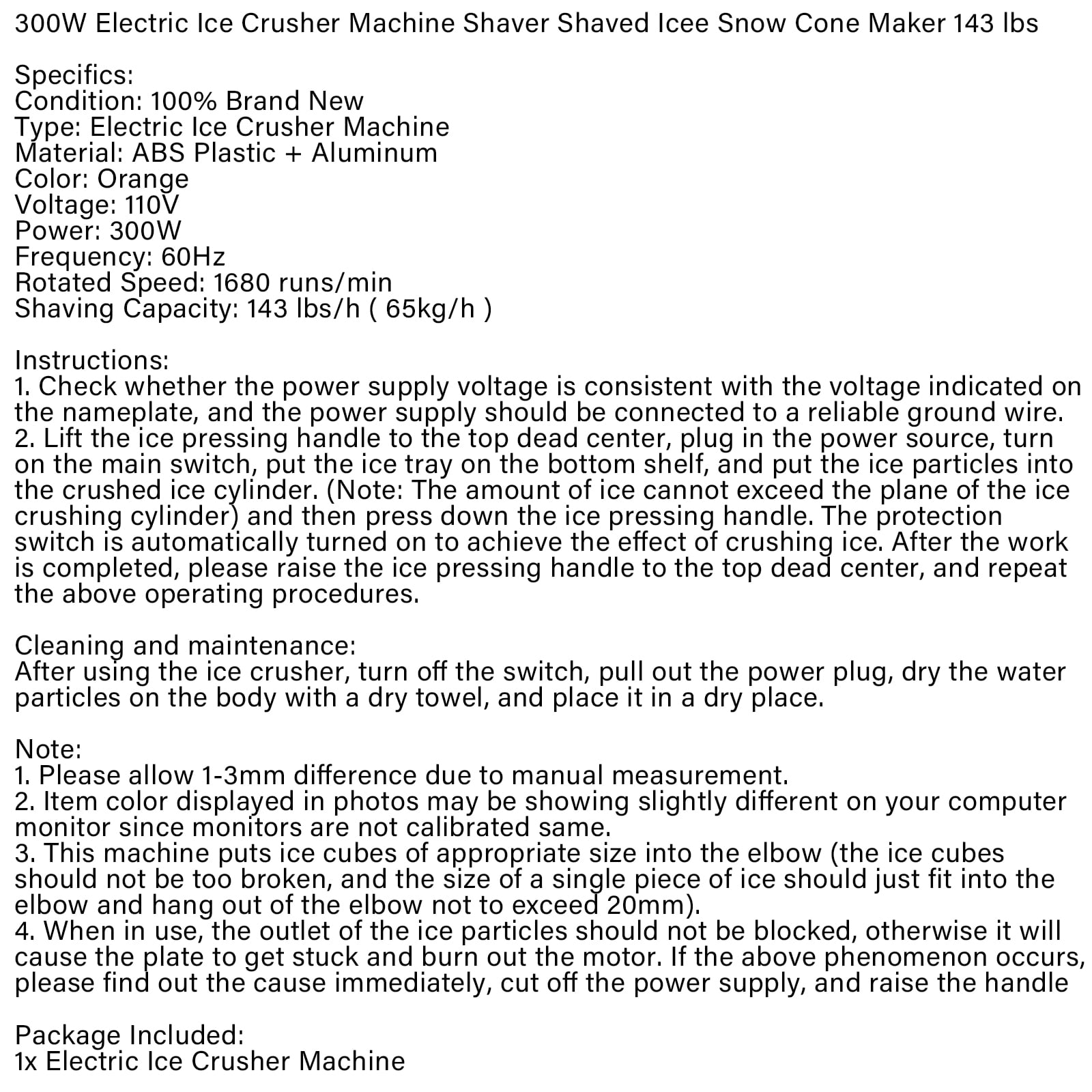 Mad Hornets 300W Electric Ice Crusher Machine Shaver Shaved Ice Snow Cone Maker 143lbs Ora