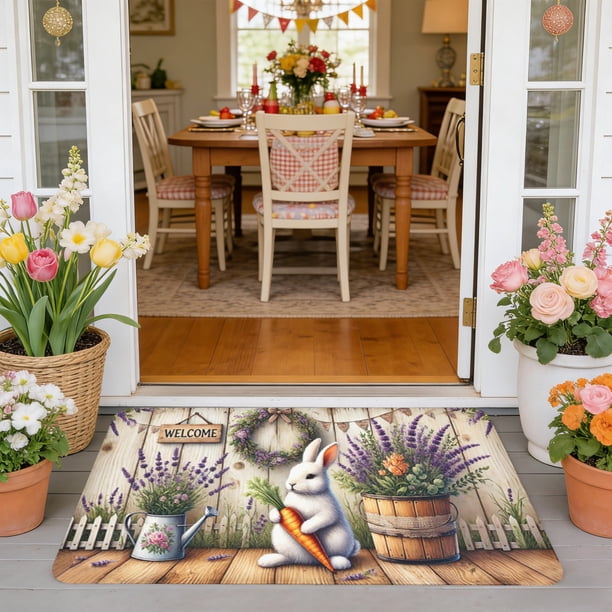 Casa de campo Decoración de Pascua,23.6X15.7In Easter Bunny Print Decorative Doormat Decoración del hogar