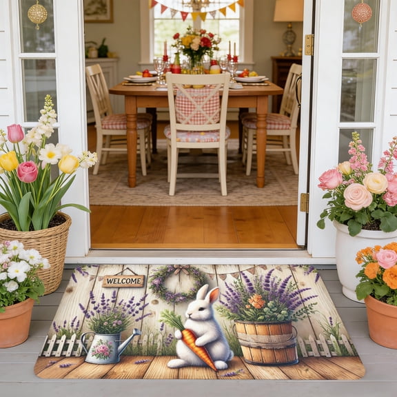 Wooowa 23.6x15.7In Easter Bunny Doormat, Printed Non-Slip Entryway Mat, Absorbent Outdoor Indoor Mat, Front Door Porch Home Decor, Easter Spring Outdoor Holiday Decoration