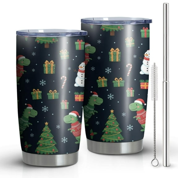 20oz Tumblers Christmas Dinosaur Pattern Stainless Steel Vacuum Insulated Double Wall Travel Tumbler Cups Mug with Lid and Straw,Cleaning Brush for Cold & Hot Drinks