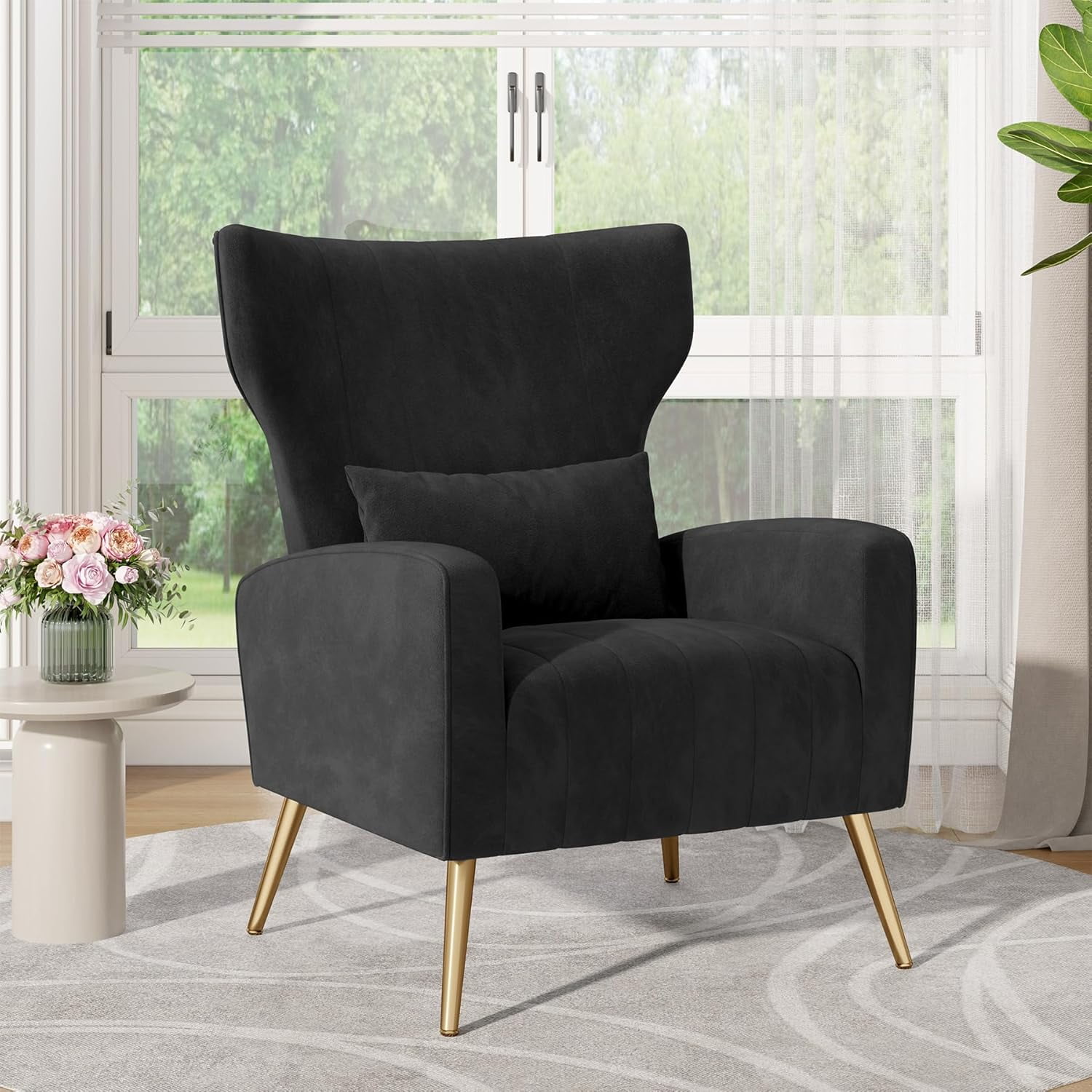 MOONMISS Velvet Accent Chair for Living Room, Modern Arm Chair with Pillow, Single Sofa Lounge Chair for Bedroom & Reading Room,Black