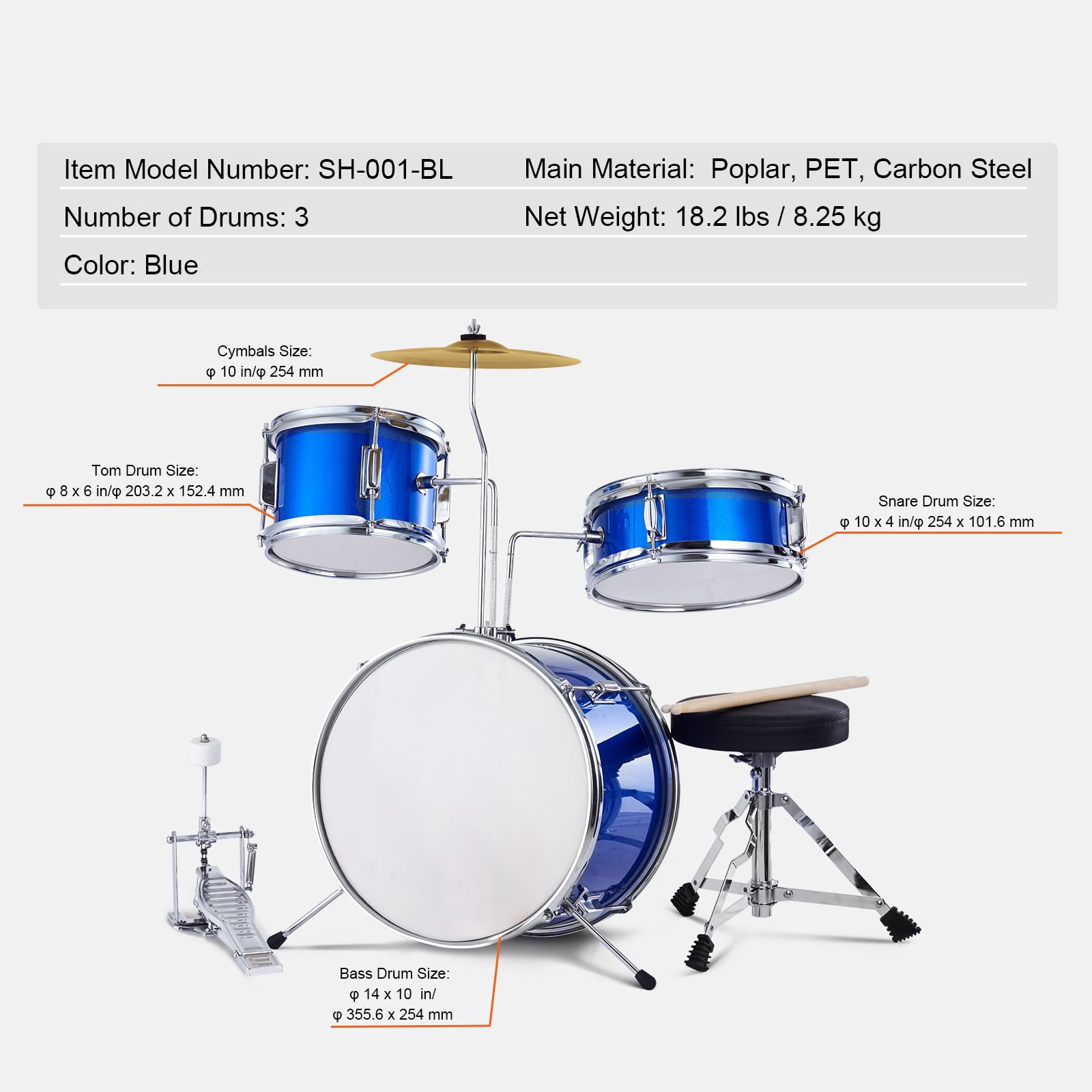 Kids Drum Set, 3-Piece, 14 in Beginner Drum Set with Adjustable Throne Cymbal Pedal Two Pairs of Drumsticks, 8" Tom Drum 10" Snare Drum 14" Bass Drum, Starter Drum Kit for Child Kids, Blue