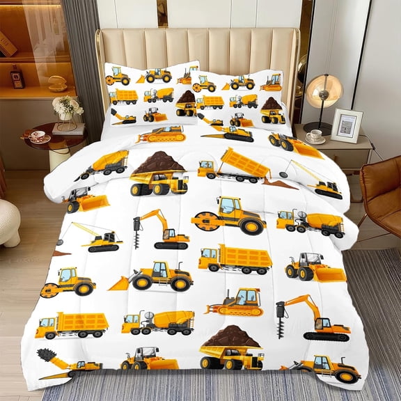 3 Pcs Twin Bedding Set for Boys, Kids Construction Truck Comforter Sets, Excavator Truck
