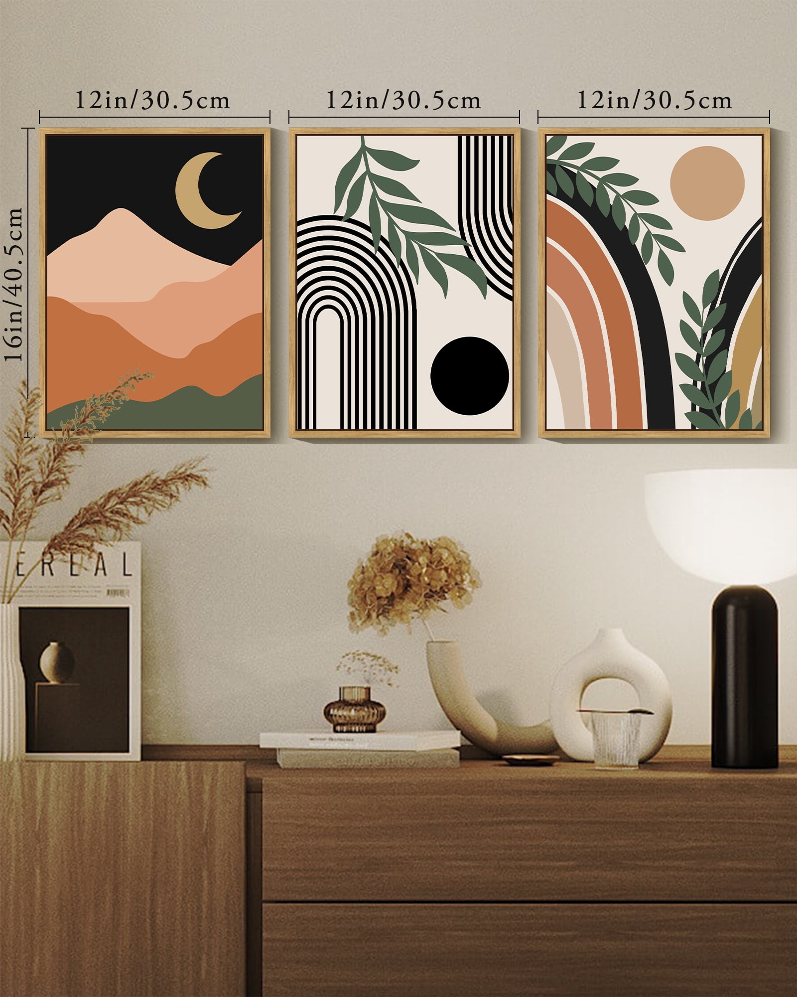 SHENIFY Boho Wall Art Abstract Decor Bohemian Prints Ready To Hang for Bathroom Dining Room 12x16in3pcs Natural Framed