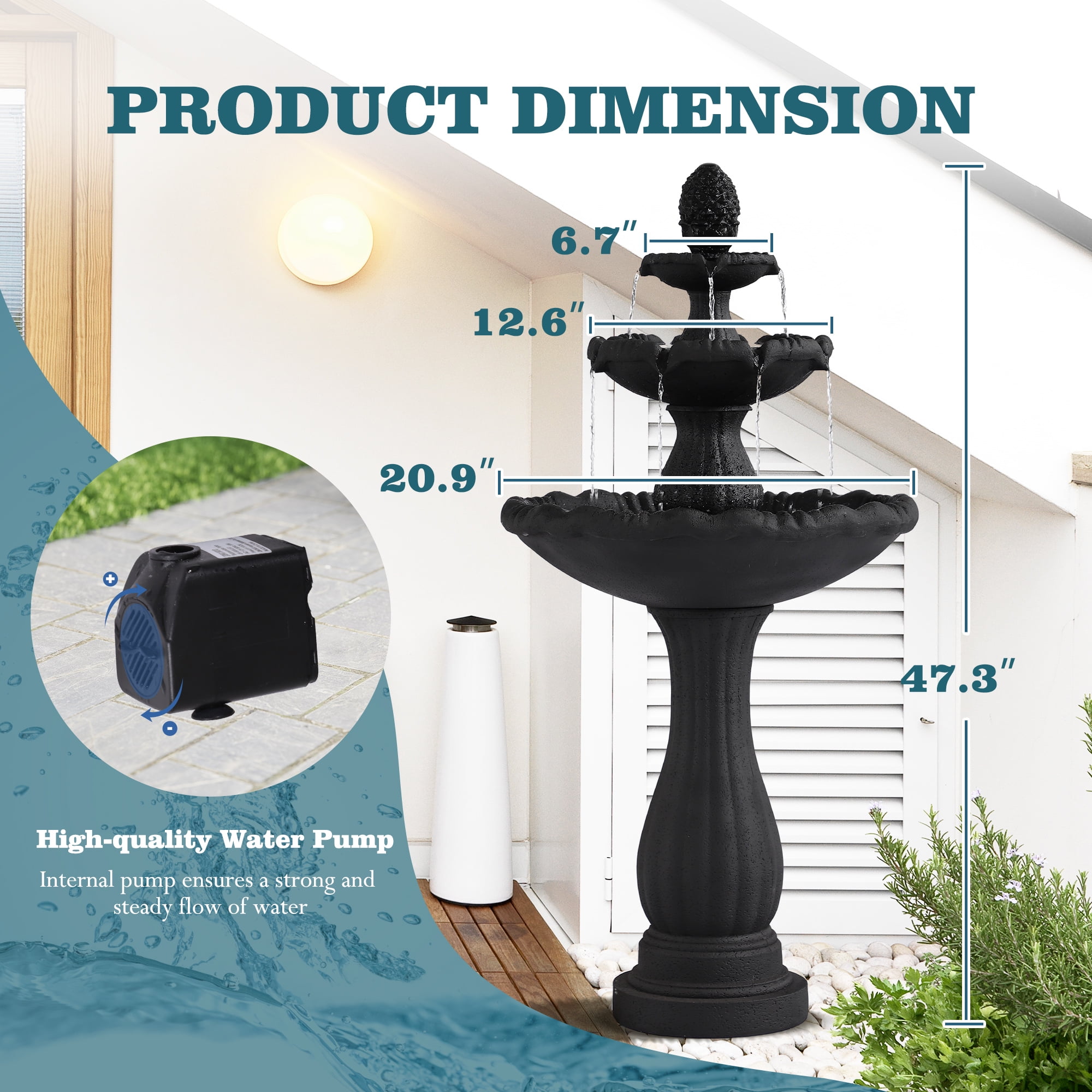 Magic Union Garden Water Fountain Outdoor, 47.3" High Large Roman Italian Indoor Waterfalls, 3-Tier Standing Water Feature Fountains w/Pump & Pineapple Top for Outside Patio, Yard and Lawn