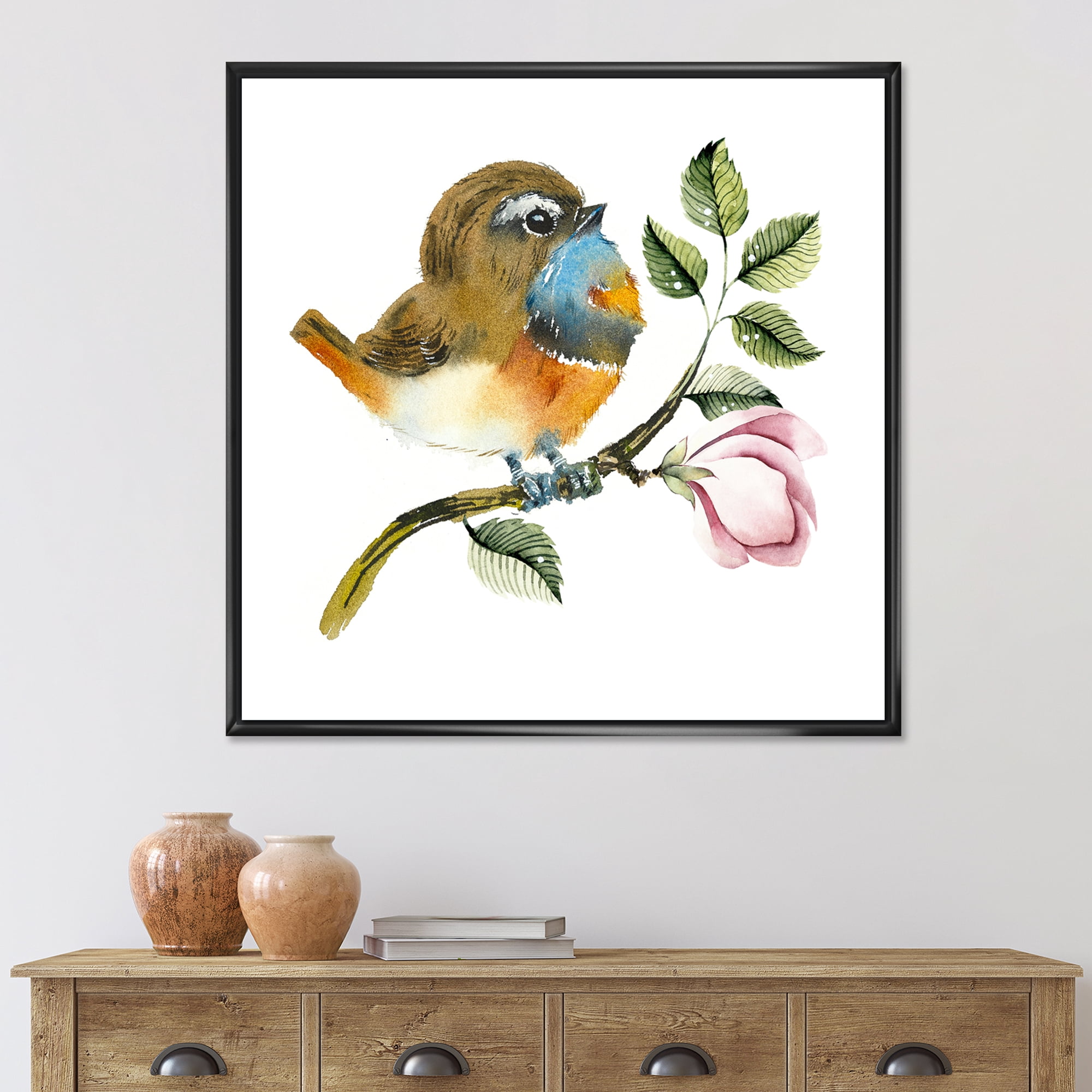Designart 'Bluethroat Bird Sitting On A Branch' Traditional Framed Canvas Wall Art Print