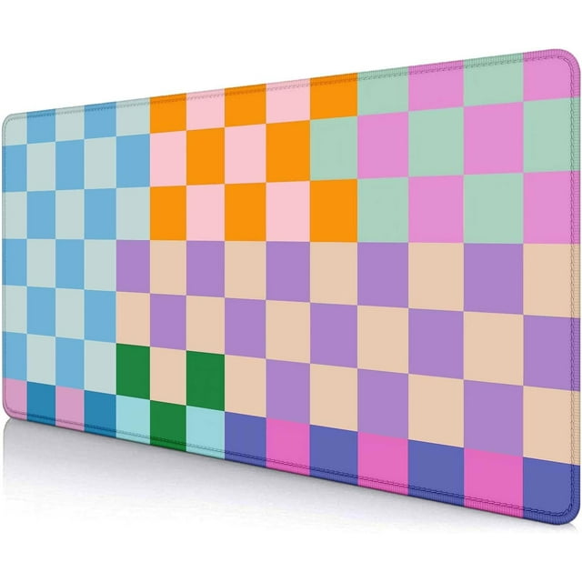 Colorful Checkered Desk Mat, Retro Purple Pink Blue Green XXL Large Mouse Pad, Aesthetic Big Computer Mouse Mat for Office, Rubber Base Mousepad Desk Pad with Stitched Edges, 35.4 x 15.7 in