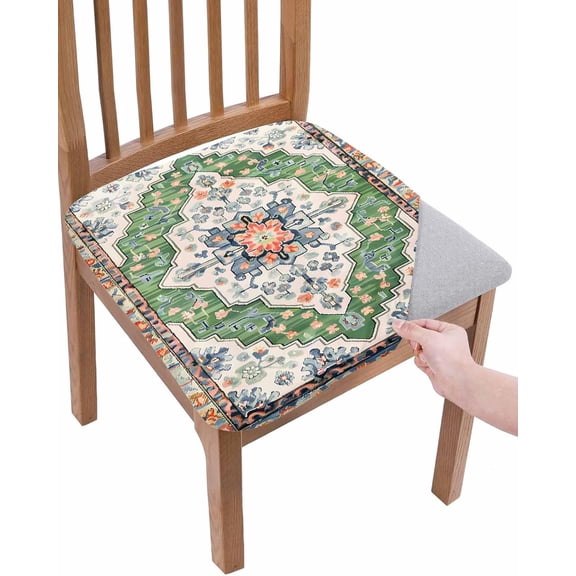 Green Boho Seat Covers for Dining Room Chairs Set of 4, Ethnic Geometric Middle Century Art Chair Slipcovers Protector - Stretch Chair Covers Removable Cushion Cover for Kitchen Office