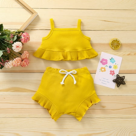 

Leutsin Toddler Baby Girls Solid Color Sling Cotton Clothes Comfortable Tow-piece Suit