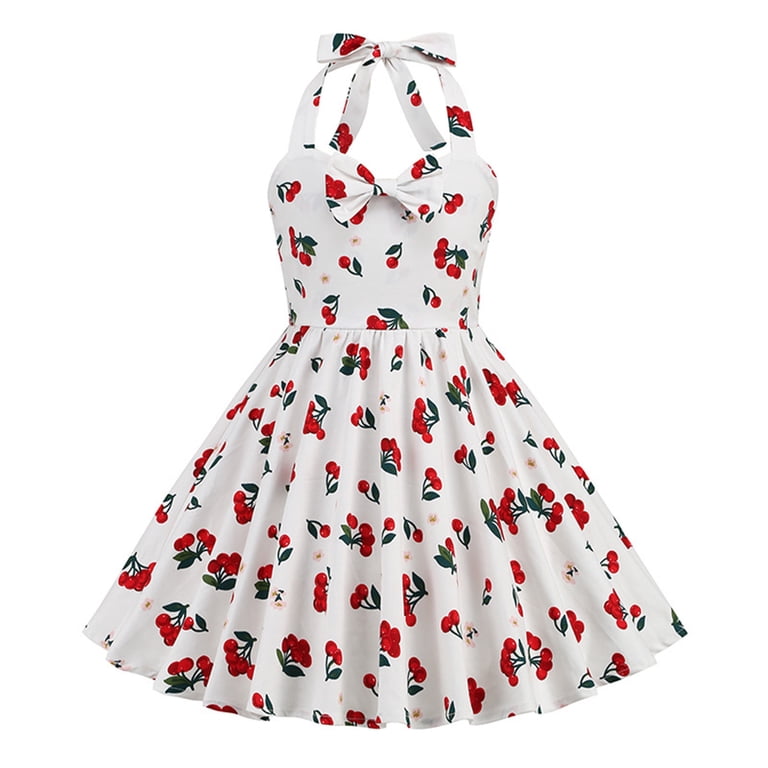 Yejammarp Casual Halter Dress Girls 3-7t Retro Cherry Ruffle Swing Midi Dress Cute Back to School Pretty Clothes, White, 6 Years, Infant Girl's
