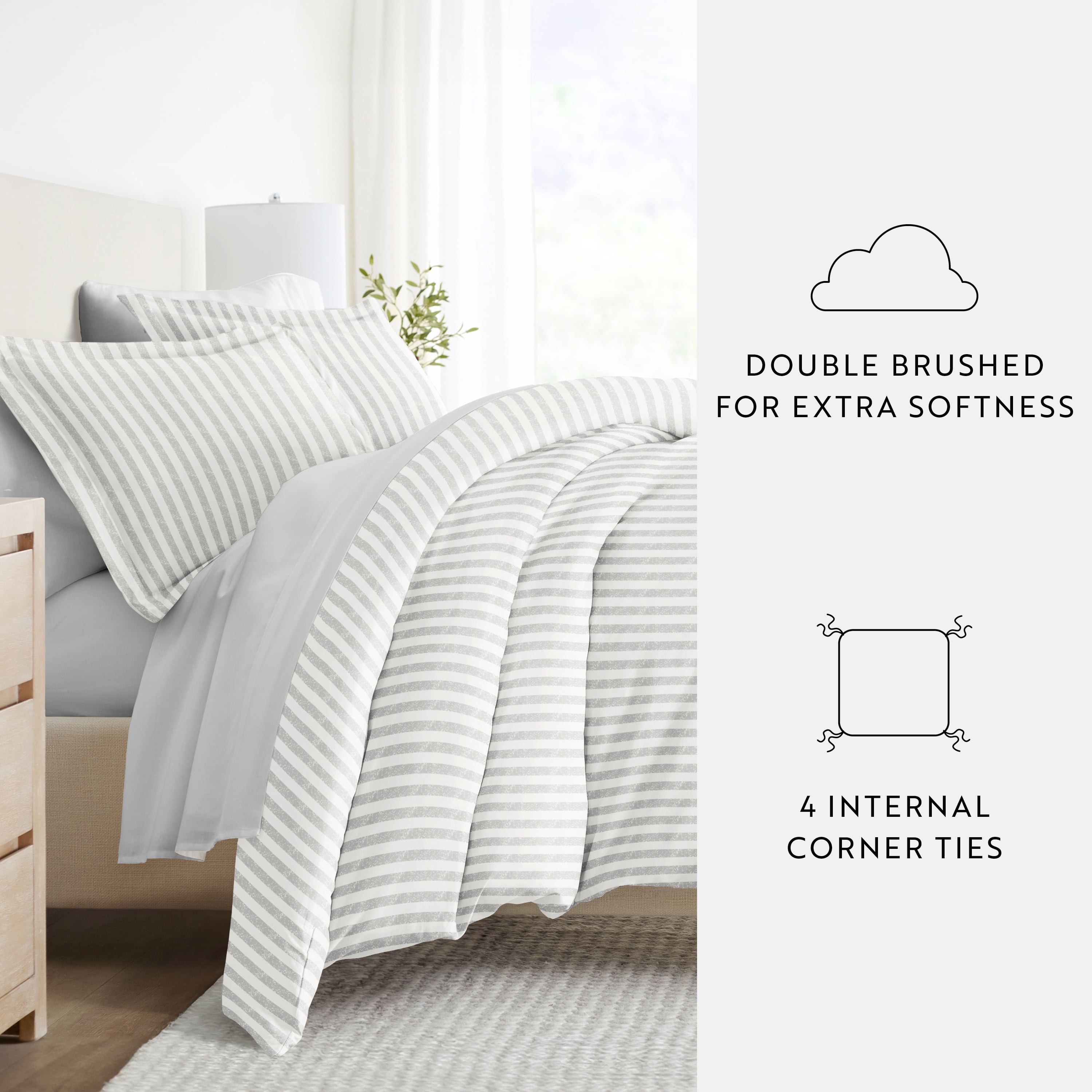 Noble Linens 7 Piece Patterned Duvet Bedding Bundle, Puffed Rugged Stripes Light Gray, Twin XL