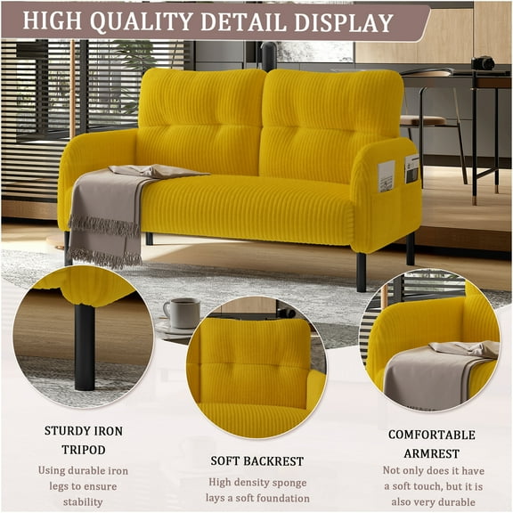 JERFIT Modern Yellow Corduroy Loveseat Sofa with Pocket Armrests for Living Room Bedroom Apartment