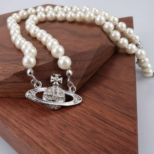 FITONE Saturn Pearl Necklace Silver White Pearl Bead Necklaces Crystal Rhinestone Saturn Planet Necklace Pearl Planet Necklace for Women and Girls Silver Walmart Business Supplies