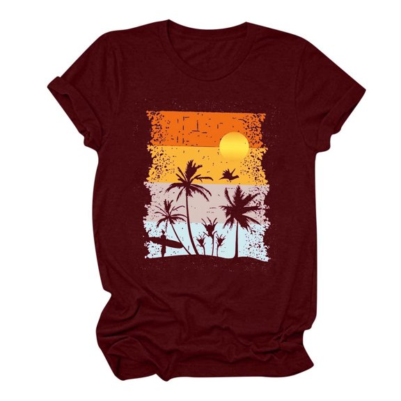 Raeneomay Casual Plus Size Tunics Tops Summer Beach Printed T-Shirt with Round Neck and Short Sleeved Top