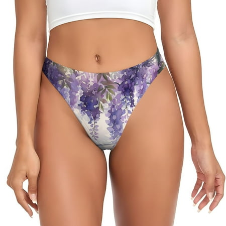 Qokaie Lavender Blooms Window Printed Women s Cotton Thong Underwear  Sexy Breathable Panties G-string-Small