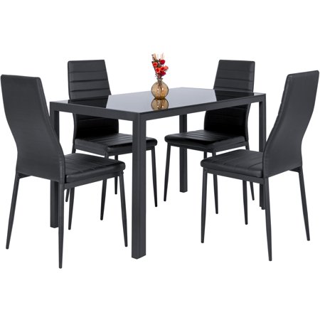 Dinette Room Set (Best Choice Products 5-Piece Kitchen Dining Table Set w/ Glass Tabletop, 4 Faux Leather Metal Frame Chairs for Dining Room, Kitchen, Dinette -)