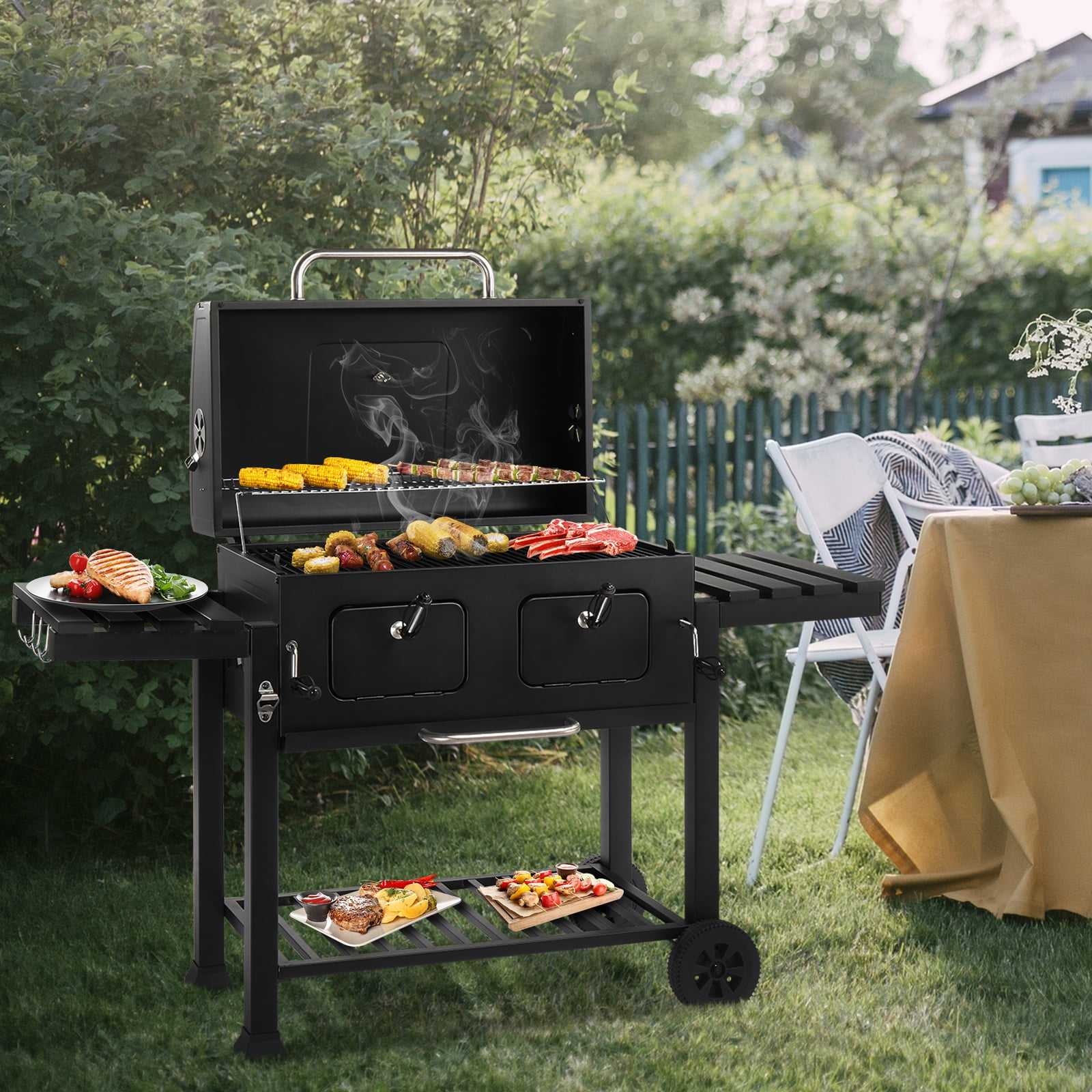 iCapeson Extra Large Charcoal Grill with 794 SQ IN Cooking Area, Dual Adjustable Coal Trays & Foldable Side Tables, Outdoor BBQ Grill for Backyard, Camping, Large Gatherings