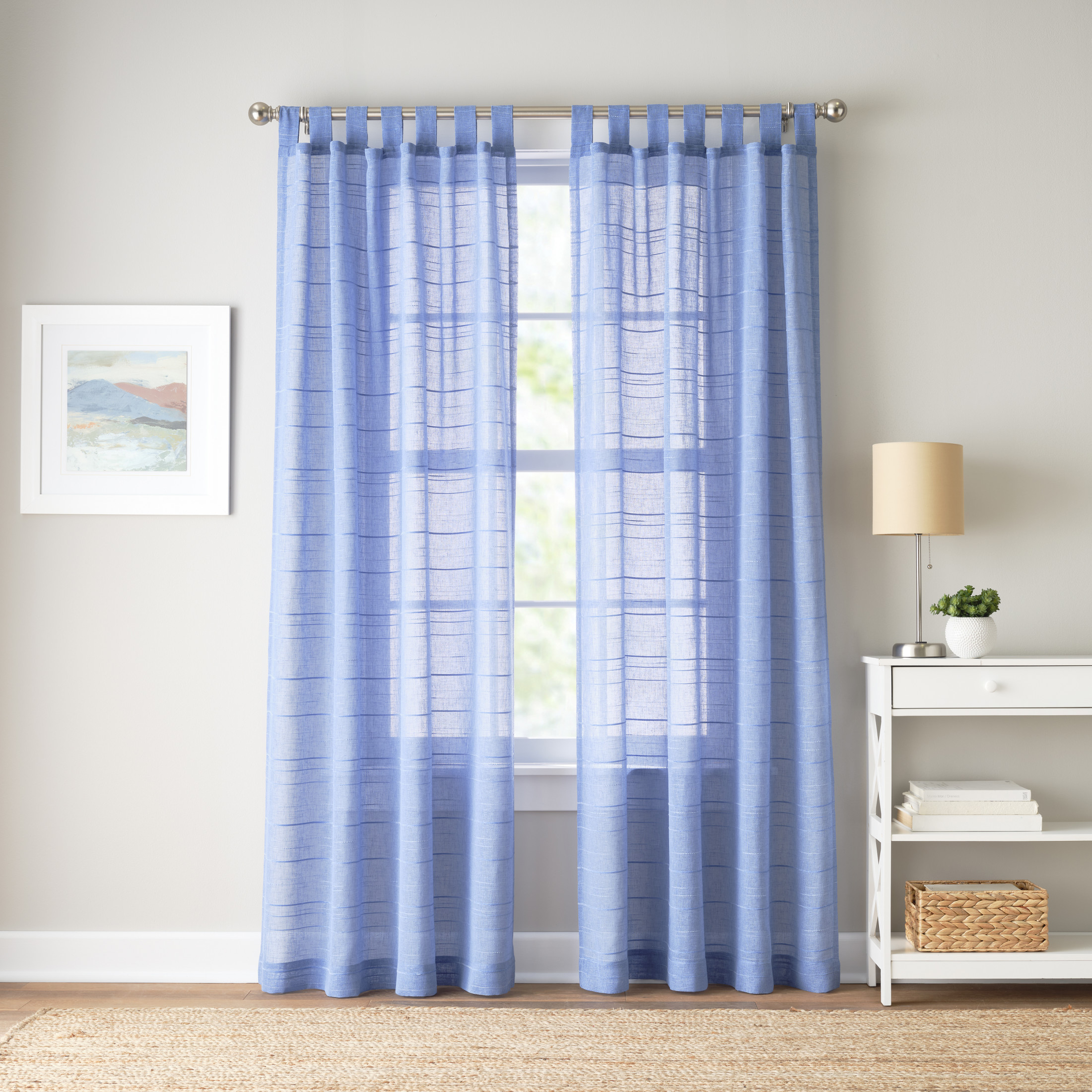 Mainstays Woven Stripe Sheer Tab Top Curtain, Single Panel, Blue, 50" W x 95" L