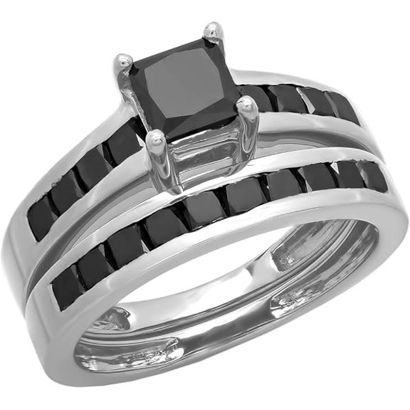 Gems Jewels 14K White Gold Plated 2.42 Ct Princess Cut Black Diamond Christmas Wedding Engagement Thanksgiving Bridal Ring Set For Women's 925 Sterling Silver -4.5