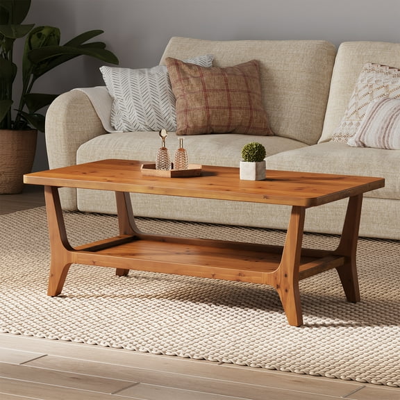 Finmind Solid Wood Rectangle Coffee Table with Shelf, 47-Inch Center Table, 2-Tier Modern Tea Table ,Rustic Brown