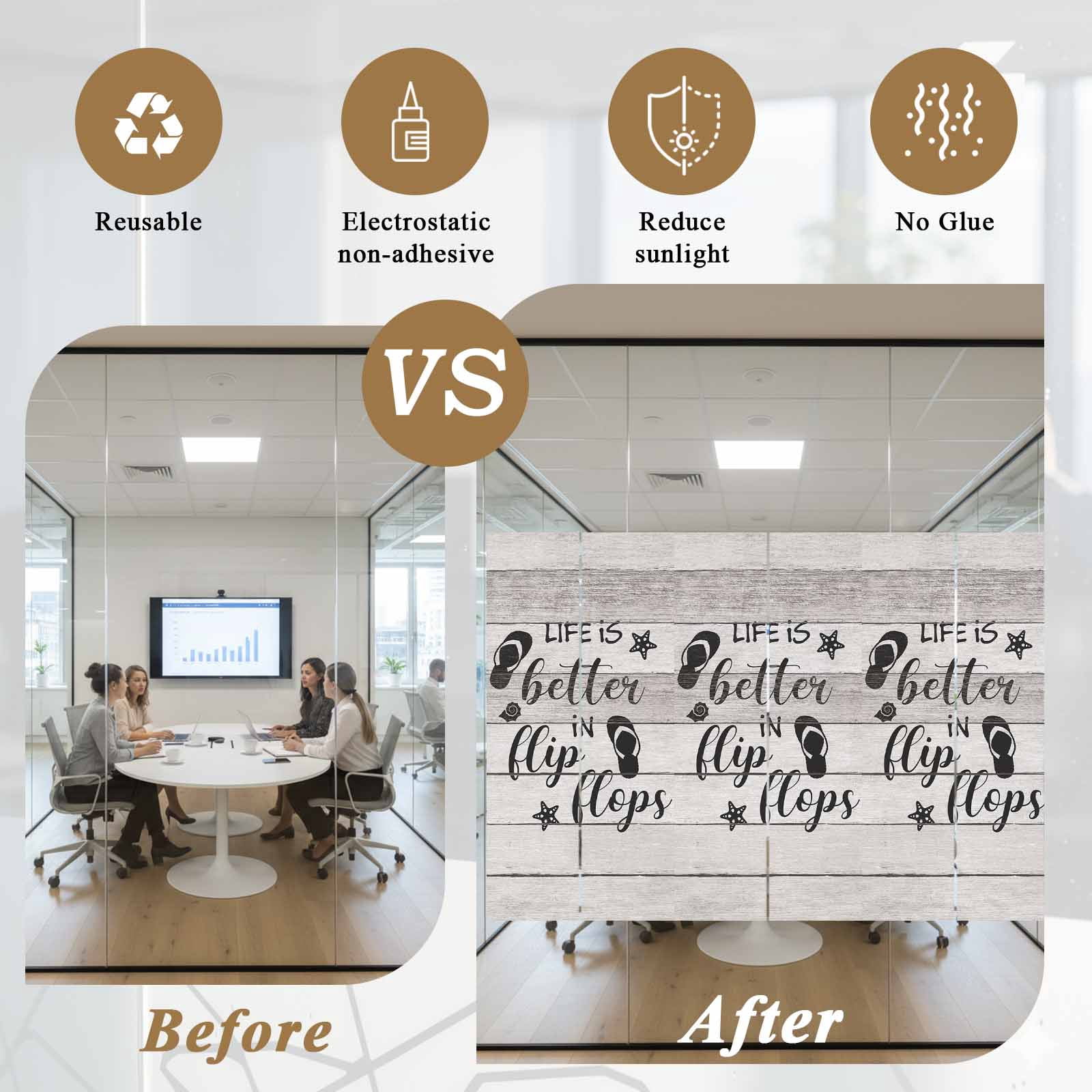LIFE IS Window Privacy Film, BETTER IN FLIP FLOPS Starfish Wood Grain Frosted Glass Window Clings Static Cling UV Heat Blocking Reusable Door Sticker for Bathroom 23.6 x 59 Inch