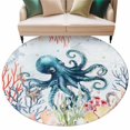 thumbnail image 2 of Sea Octopus Round Living Room Rugs 7 ft, Vintage Watercolor Ocean Animals Colorful Corals Seaweed Blue Washable Area Rug with Non-Slip Sturdy Edge Binding Round Carpet for Kitchen Office Bedroom, 2 of 9