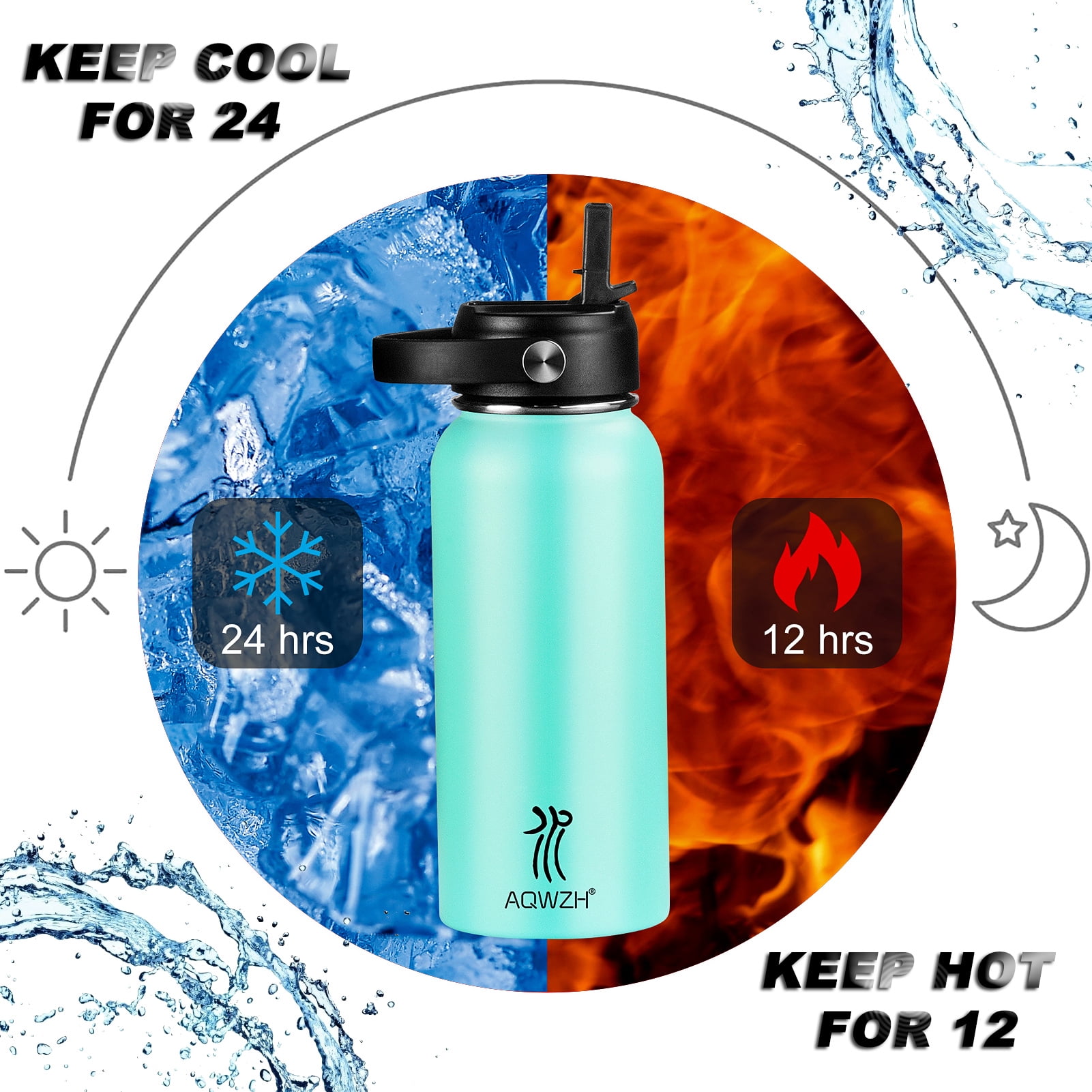 AQwzh 32 oz Blue Stainless Steel Water Bottle with Wide mouth, Straw, and Lid