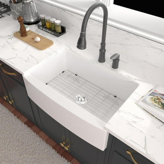Logmey 33"x21" Farmhouse Ceramic Kitchen Sink Single Bowl Apron Front Install