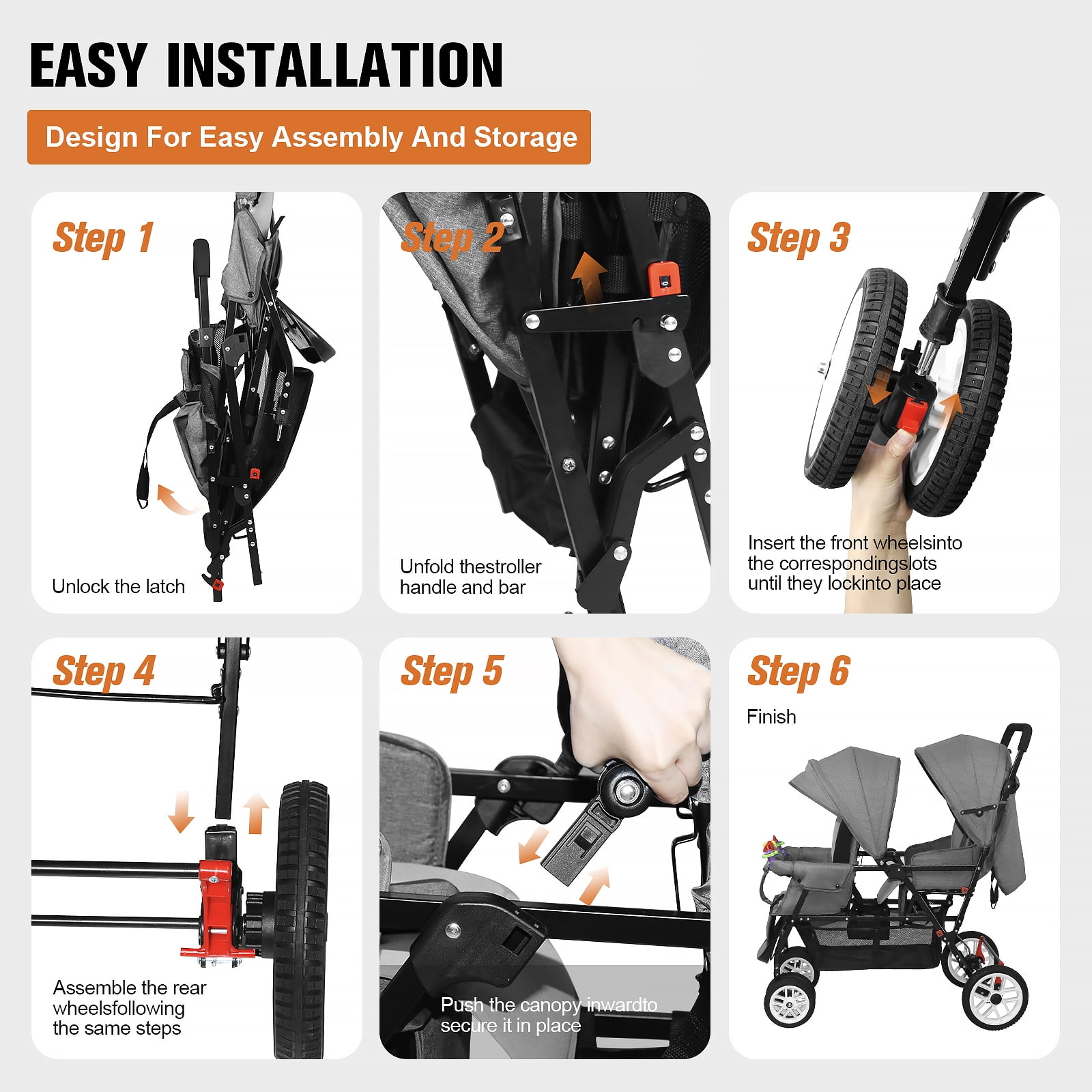 HUART Double Stroller, can Sit and Lie Down Lightweight Folding Children's Stroller, Gray